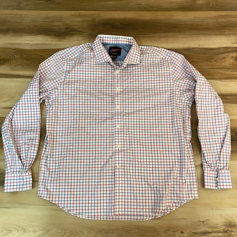 Egara Mens XXL Slim Fit Stretch Non Iron Button Up Shirt Plaid Red Blue White